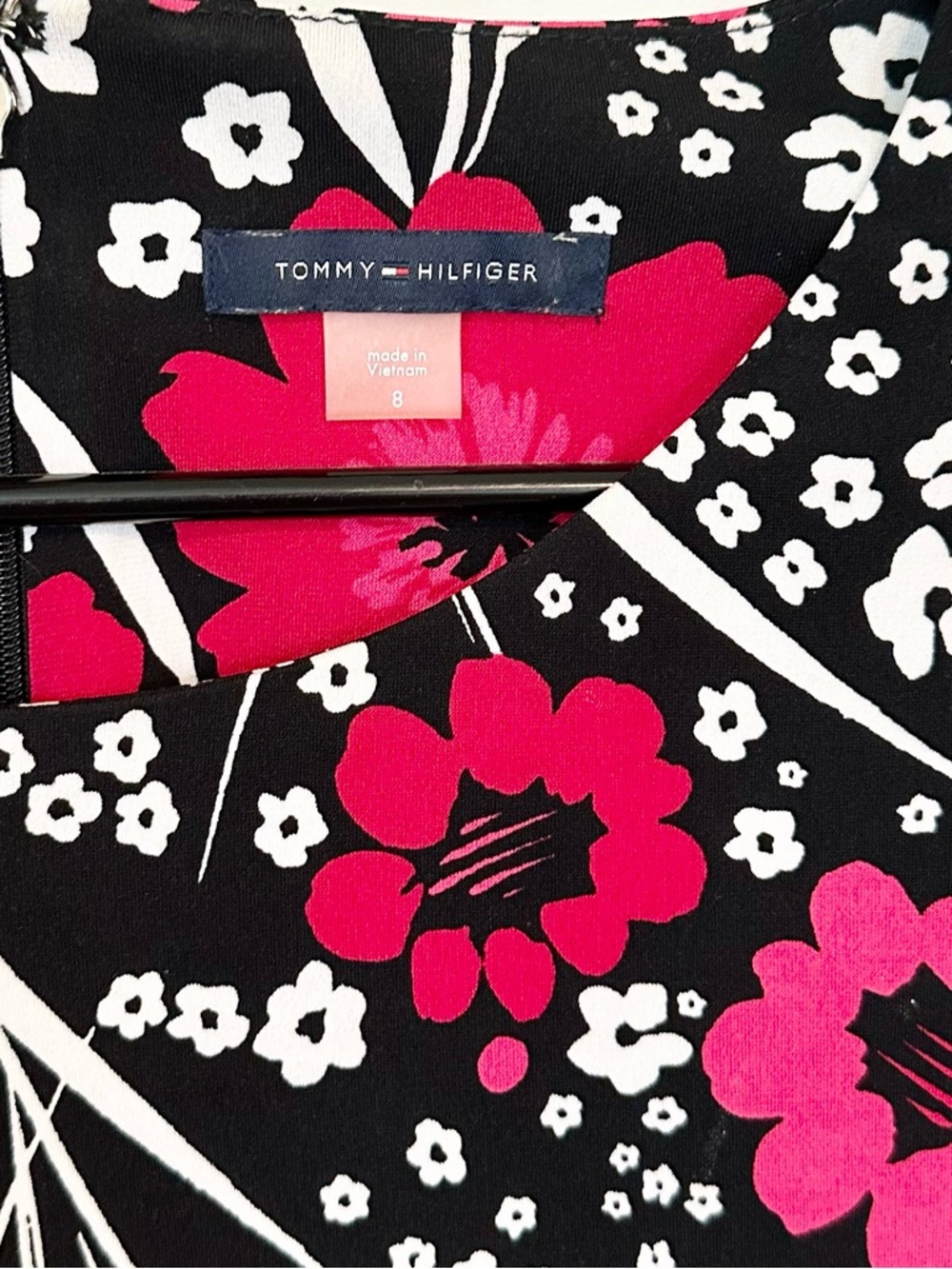 Tommy Hilfiger Black Dress with Hot Pink & White Floral Print and Bell Sleeves - Picture 2 of 8